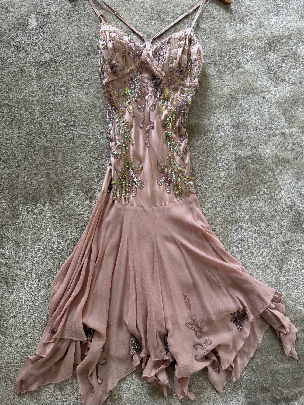 Sue Wong Blush Pink Beaded Spaghetti-Strap Mini Dress